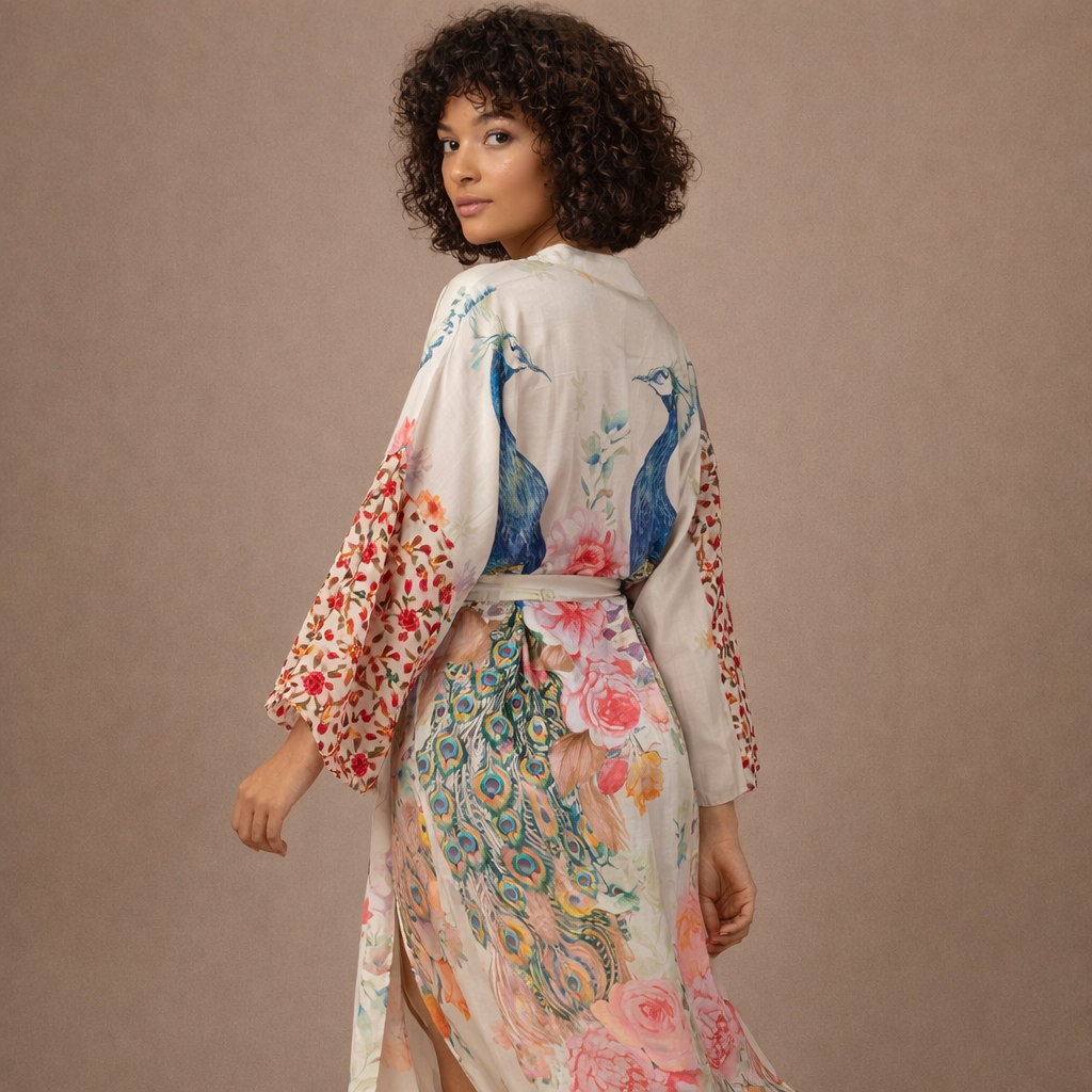 Kimono de Plage Femme Motif Paon – Élégance & Légèreté