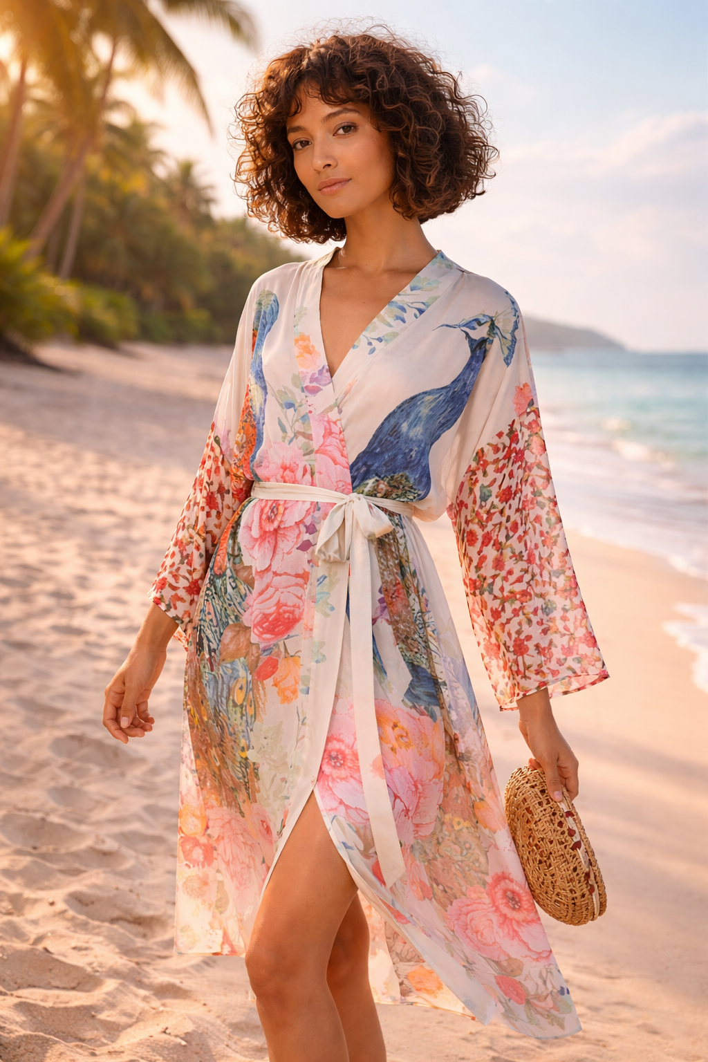 Kimono de Plage Femme Motif Paon – Élégance & Légèreté